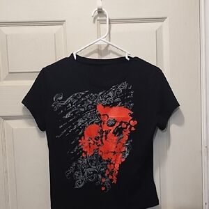 No Label Black T-Shirt with Red Skull Design